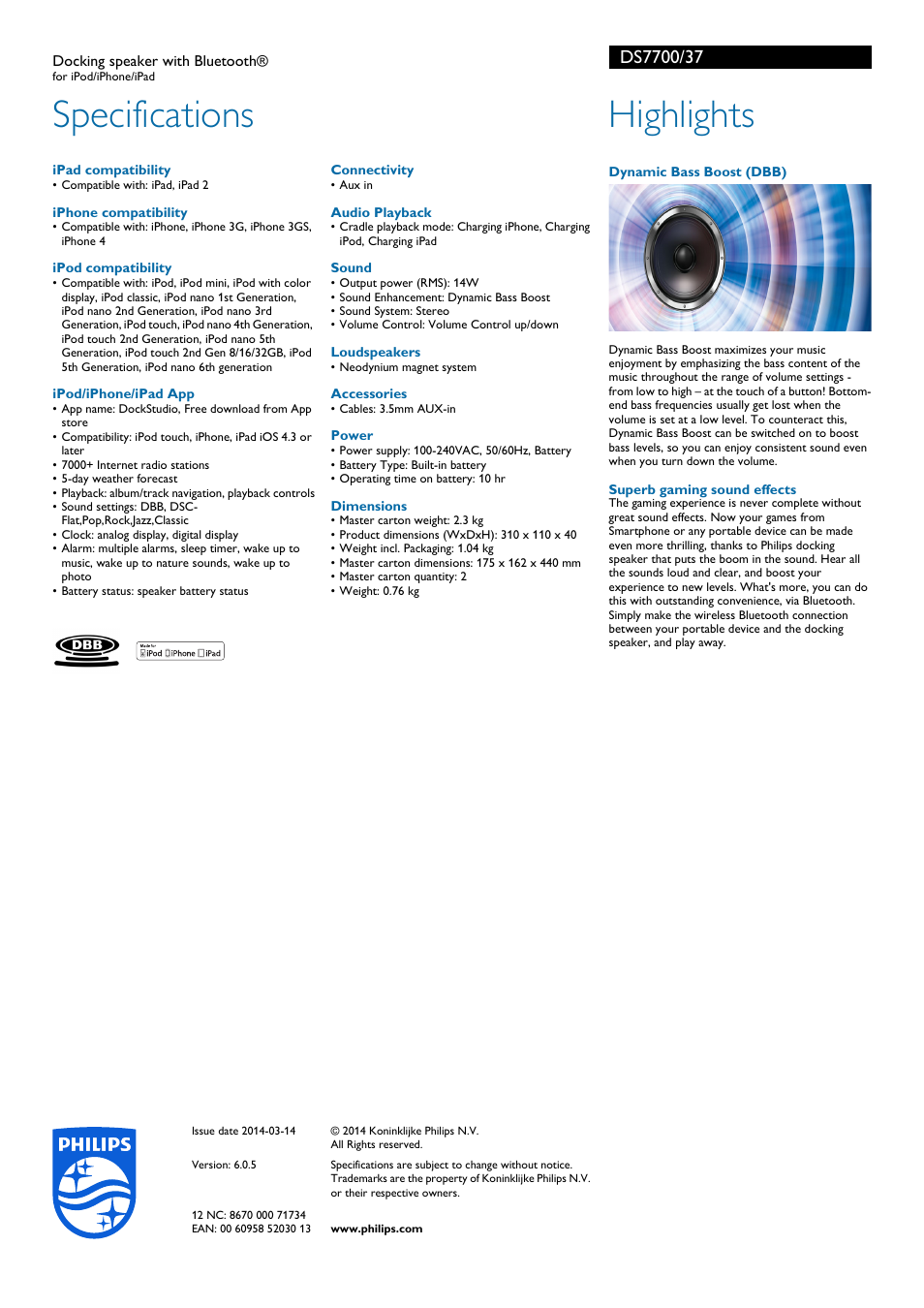 Specifications, Highlights | Philips DS7700-37 User Manual | Page 2 / 2