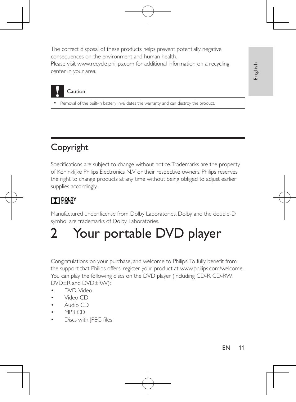 Copyright, 2 your portable dvd player | Philips PD9012M-37 User Manual | Page 10 / 27