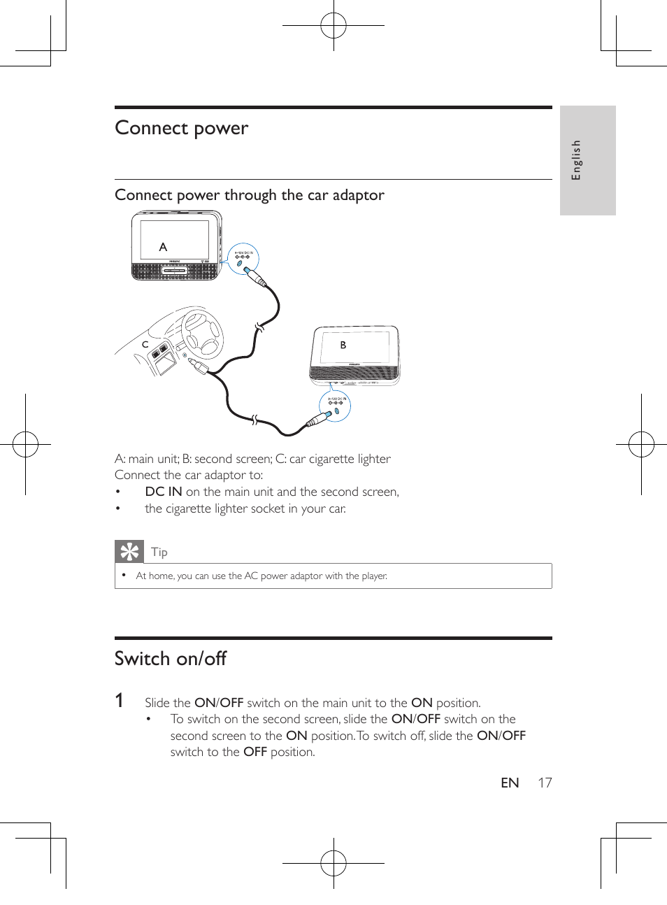 Connect power, Switch on/off | Philips PD9012M-37 User Manual | Page 16 / 27