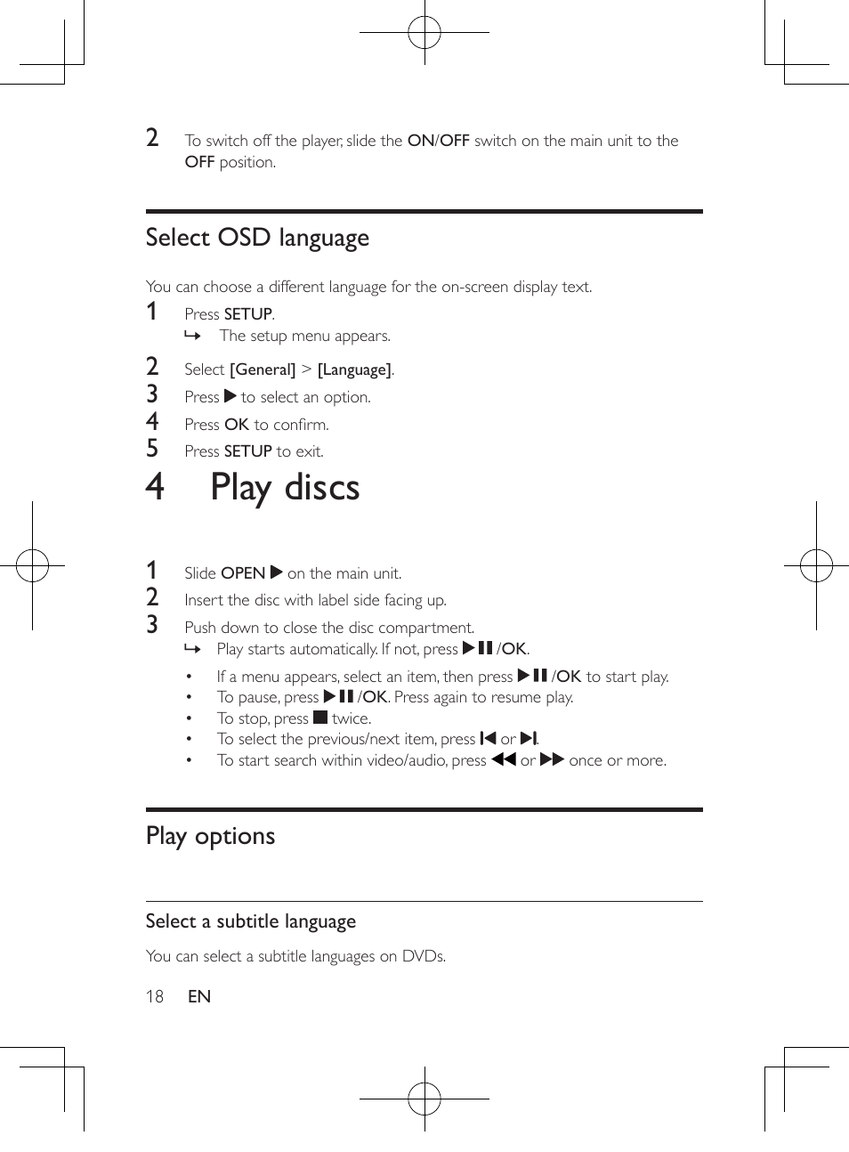 Select osd language, 4 play discs, Play options | Philips PD9012M-37 User Manual | Page 17 / 27