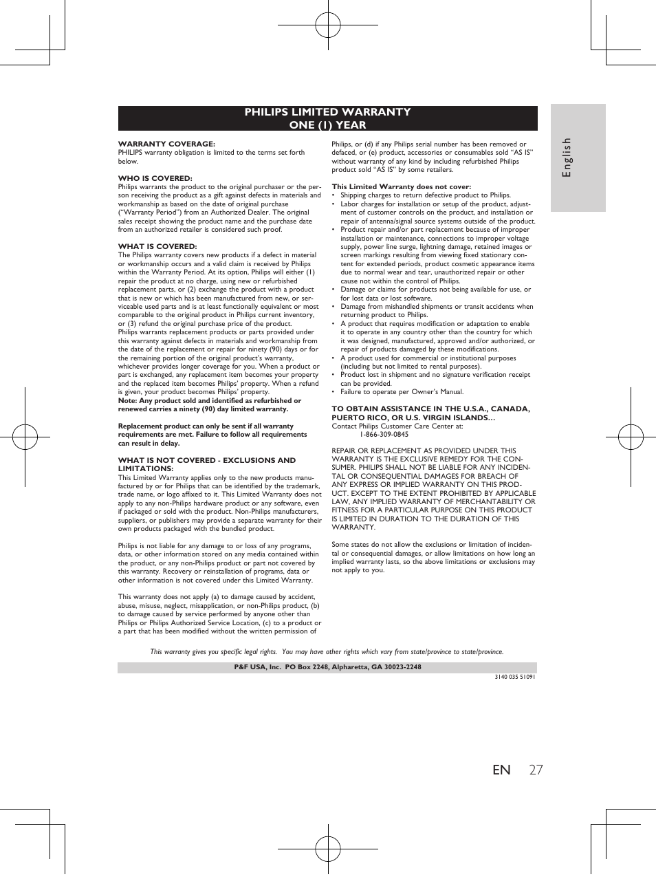 27 en, English, Philips limited warranty one (1) year | Philips PD9012M-37 User Manual | Page 26 / 27