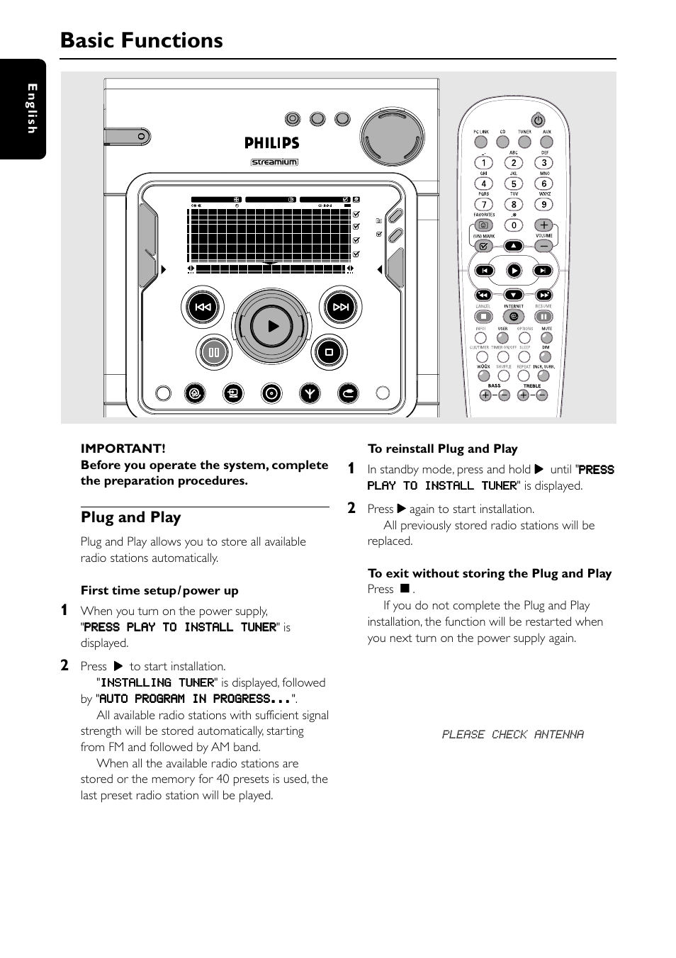 Basic functions, Plug and play, 18 english | Philips MC-I250-37 User Manual | Page 20 / 42