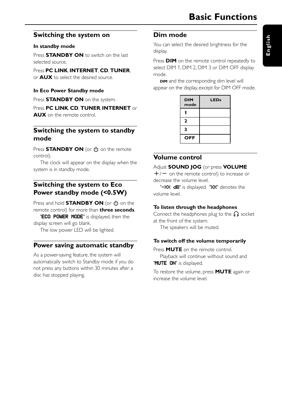 Basic functions, Switching the system on, Switching the system to standby mode | Power saving automatic standby, Dim mode, Volume control | Philips MC-I250-37 User Manual | Page 21 / 42