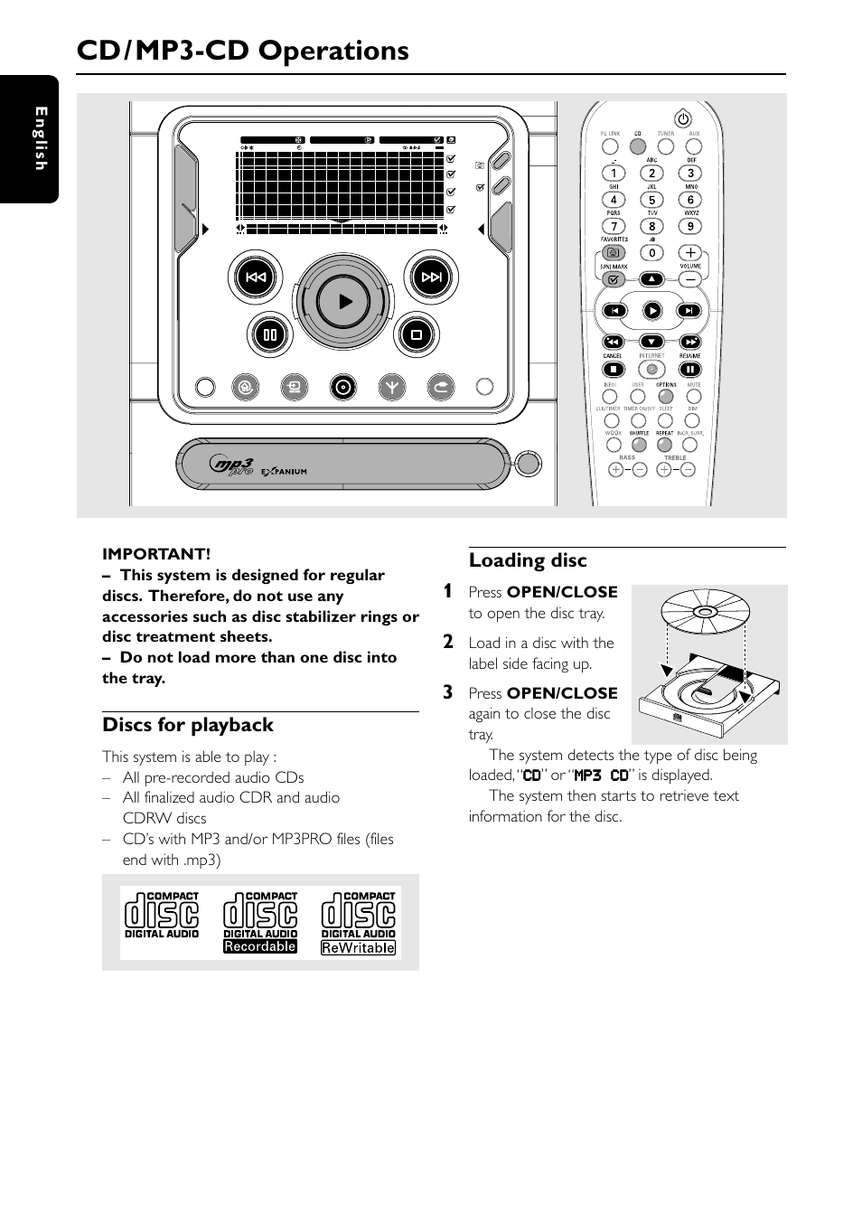 Cd /mp3-cd operations, Discs for playback, Loading disc 1 | 26 english, Press open/close to open the disc tray, Load in a disc with the label side facing up | Philips MC-I250-37 User Manual | Page 28 / 42