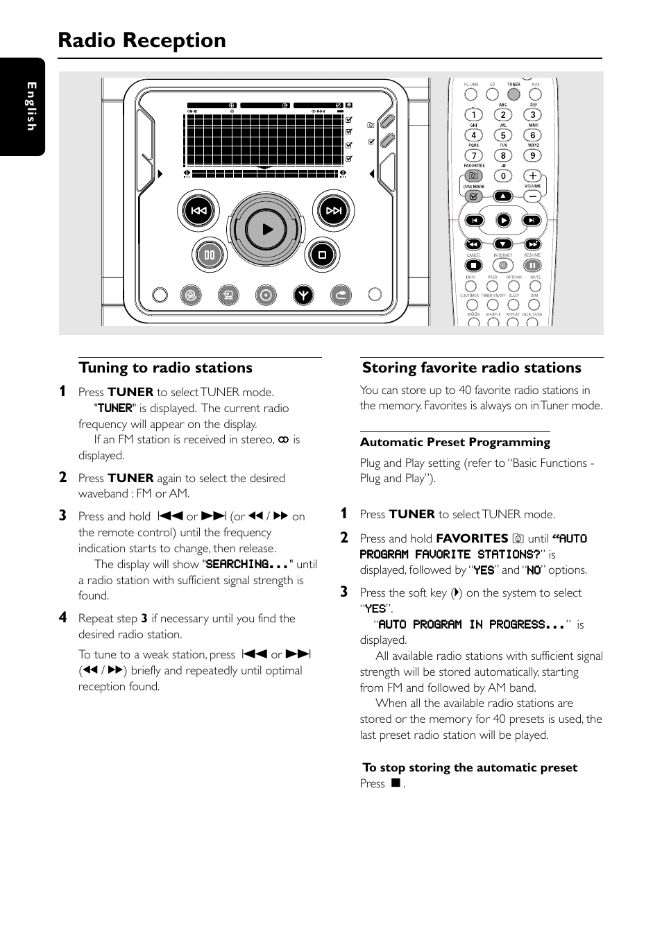 Radio reception, Tuning to radio stations 1, Storing favorite radio stations | Philips MC-I250-37 User Manual | Page 32 / 42