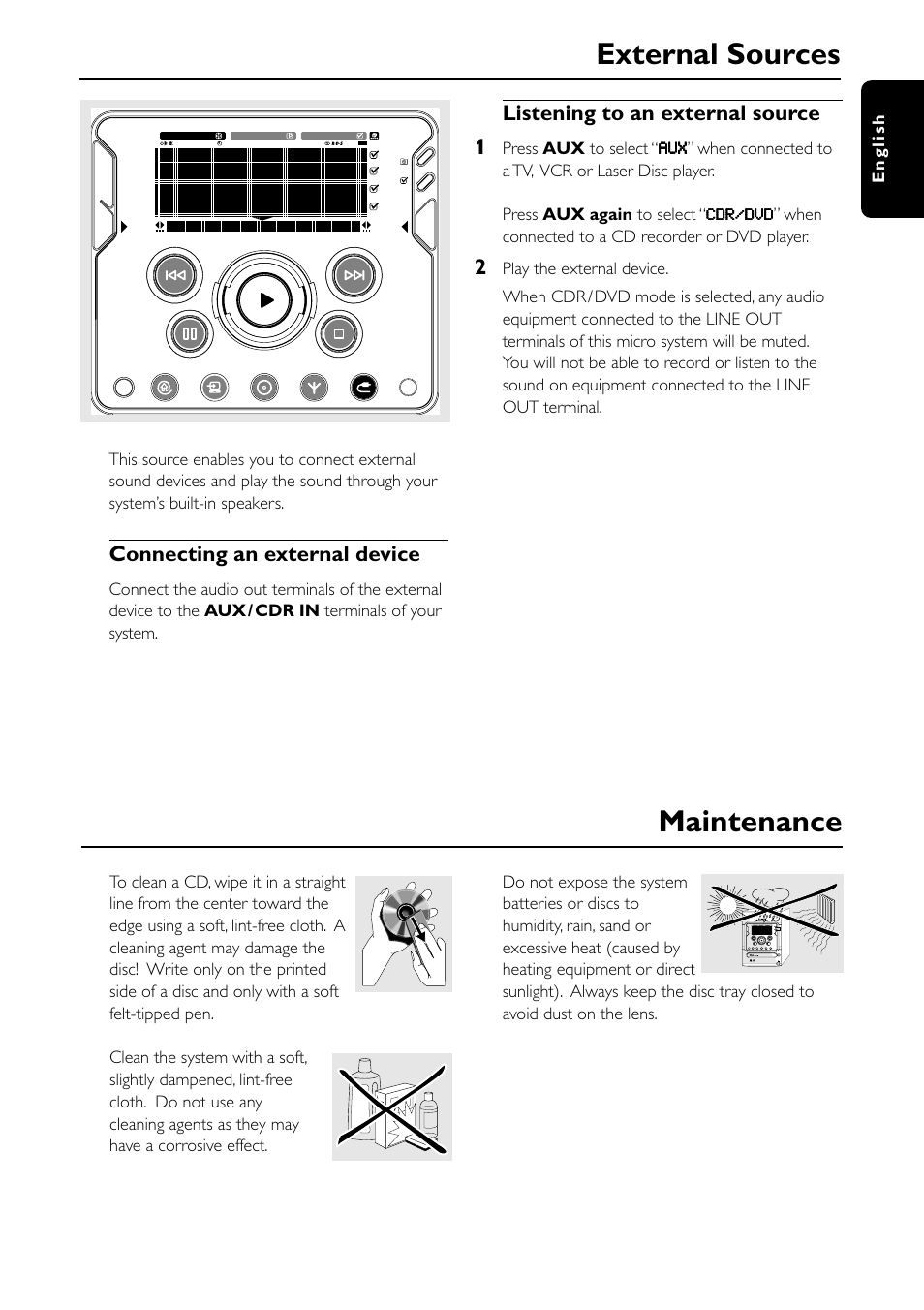 External sources, Maintenance, Connecting an external device | Listening to an external source 1 | Philips MC-I250-37 User Manual | Page 35 / 42