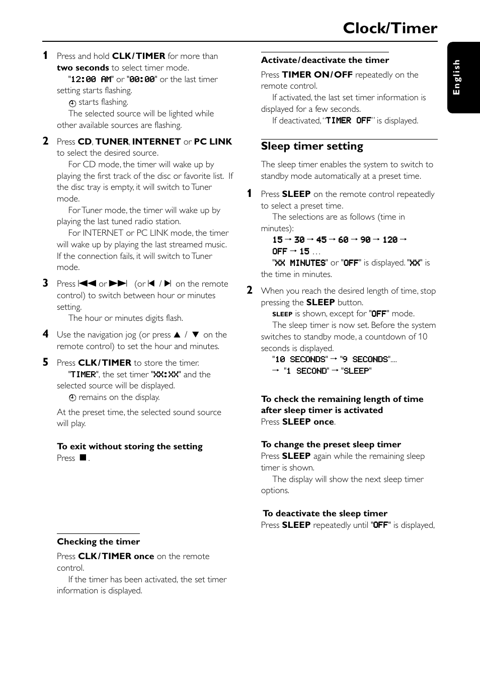 Clock/timer, Sleep timer setting | Philips MC-I250-37 User Manual | Page 37 / 42