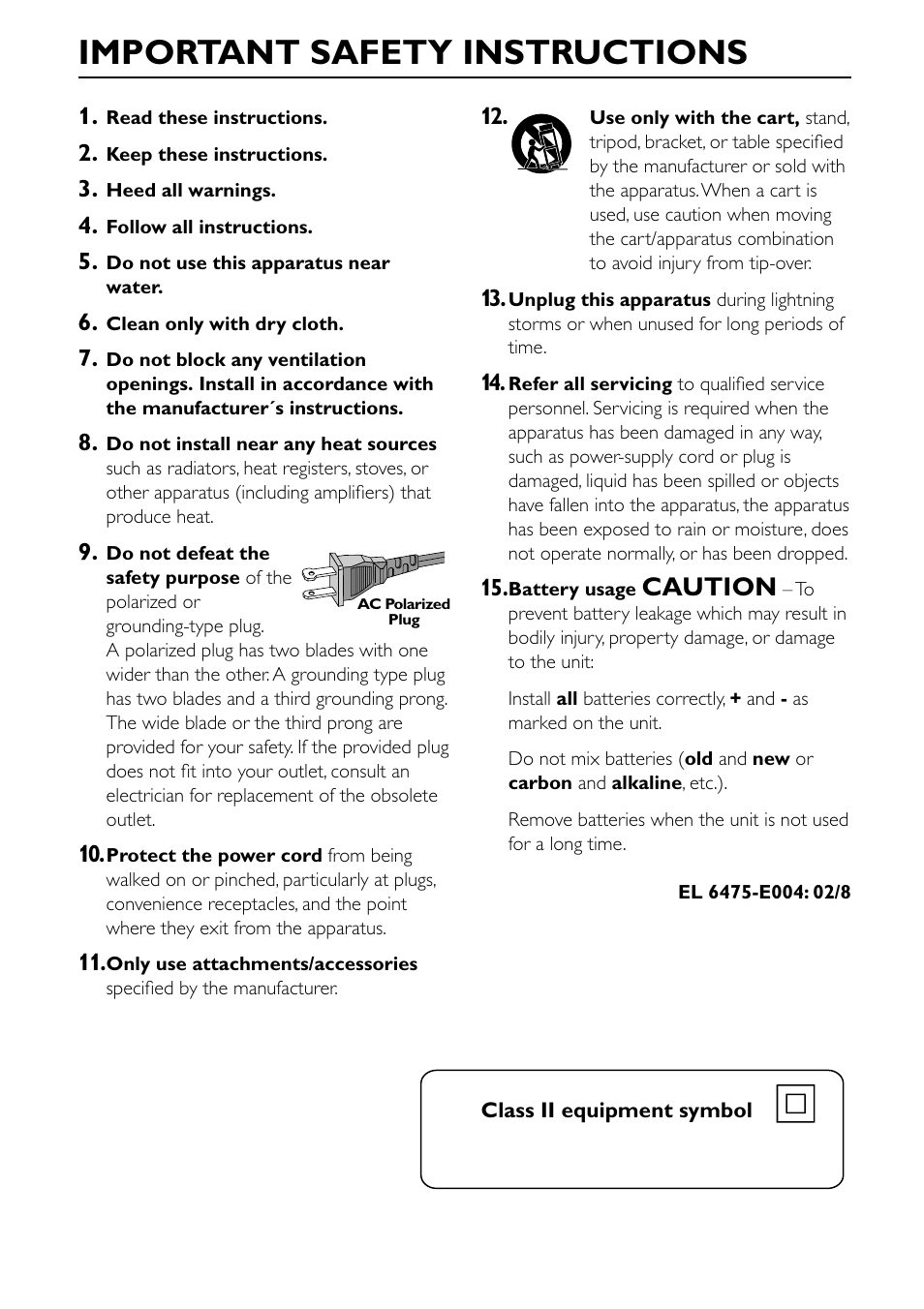 Important safety instructions, Caution | Philips MC-I250-37 User Manual | Page 8 / 42