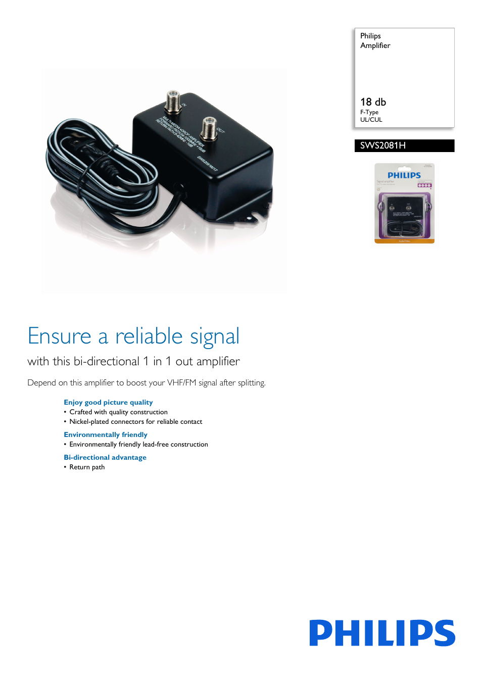 Philips Amplifier SWS2081H 18 db F-Type UL-CUL User Manual | 2 pages