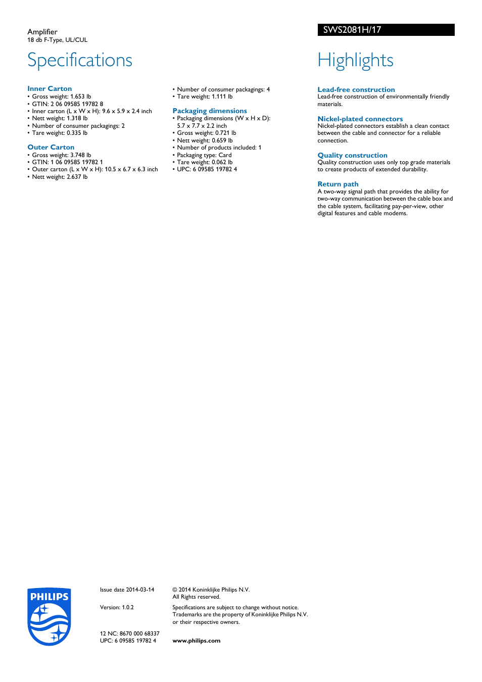 Specifications, Highlights | Philips Amplifier SWS2081H 18 db F-Type UL-CUL User Manual | Page 2 / 2