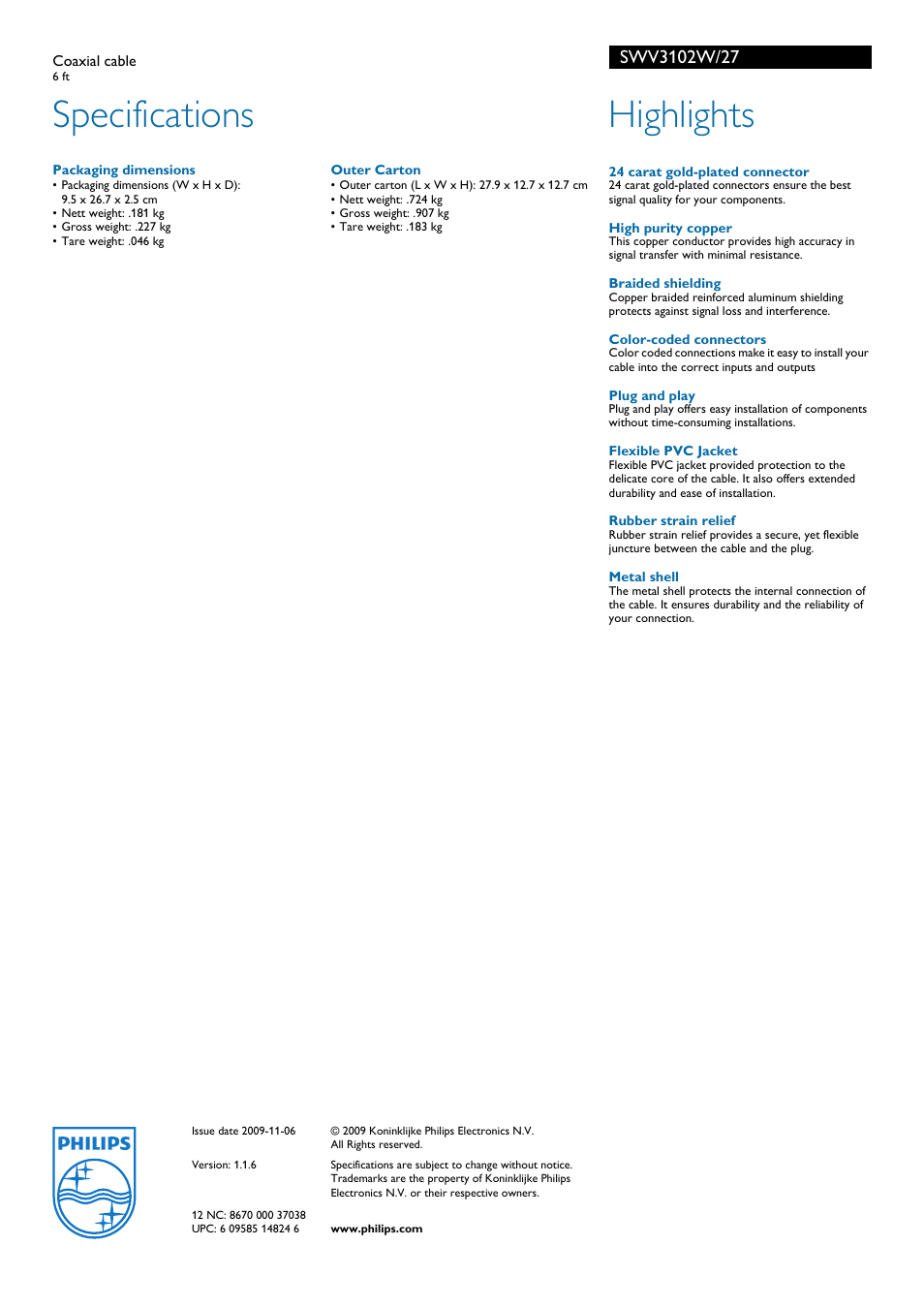 Specifications, Highlights | Philips SWV3102W-27 User Manual | Page 2 / 2