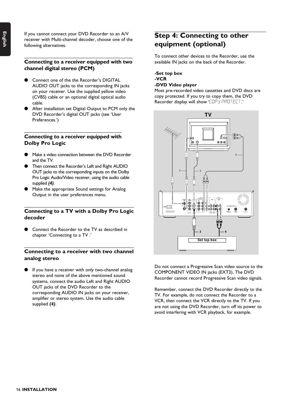 Step 4: connecting to other equipment (optional), Connecting to a tv with a dolby pro logic decoder, English | 16 installation | Philips DVDR150099 User Manual | Page 16 / 66