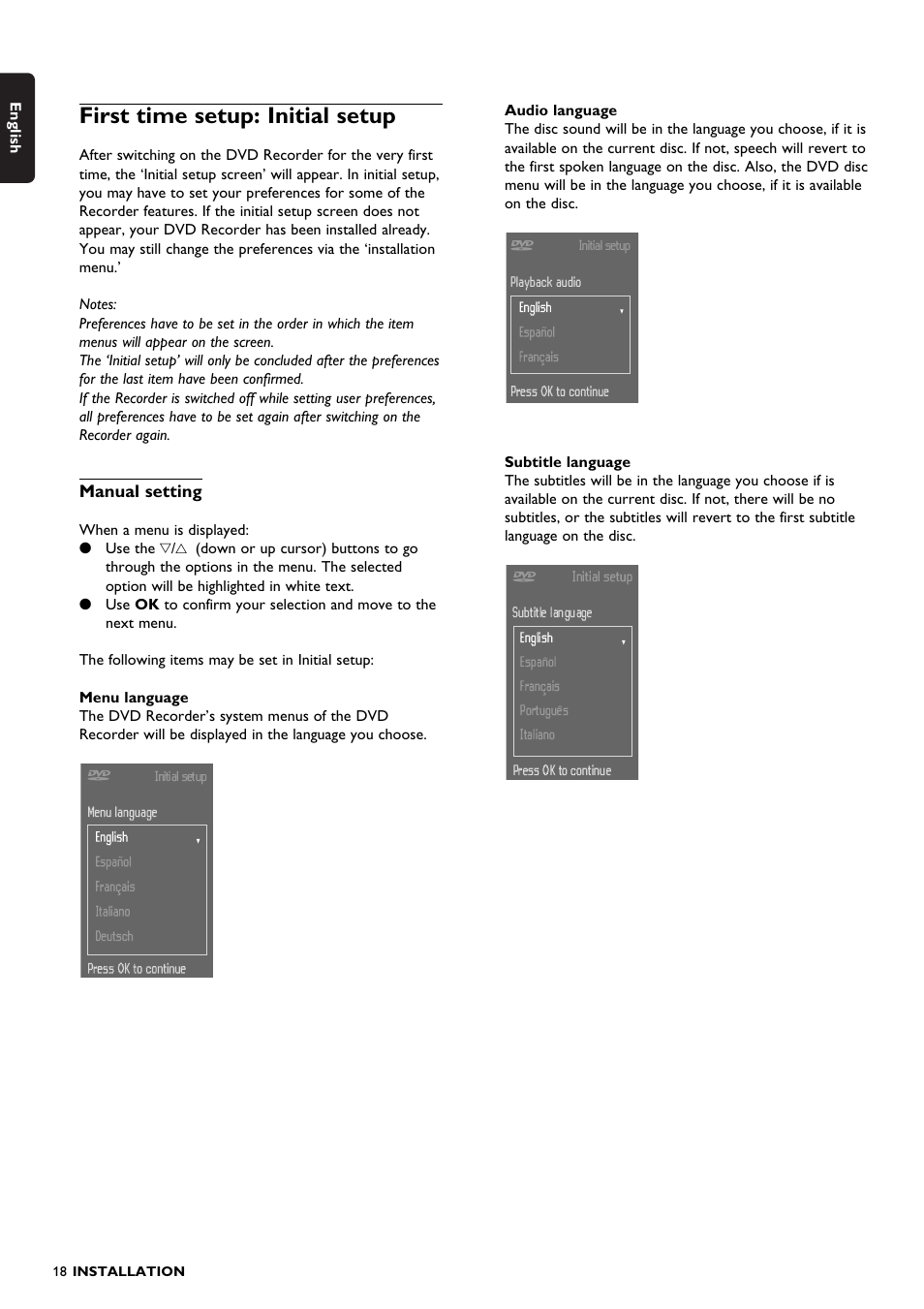 First time setup: initial setup | Philips DVDR150099 User Manual | Page 18 / 66