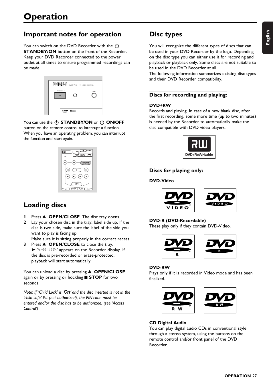 Operation, Loading discs, Disc types | Philips DVDR150099 User Manual | Page 27 / 66