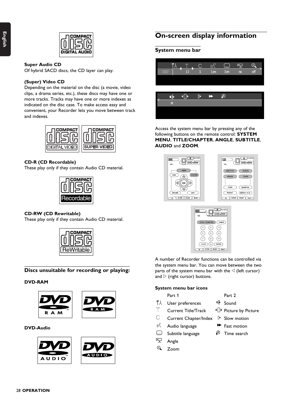 On-screen display information, Recordable | Philips DVDR150099 User Manual | Page 28 / 66