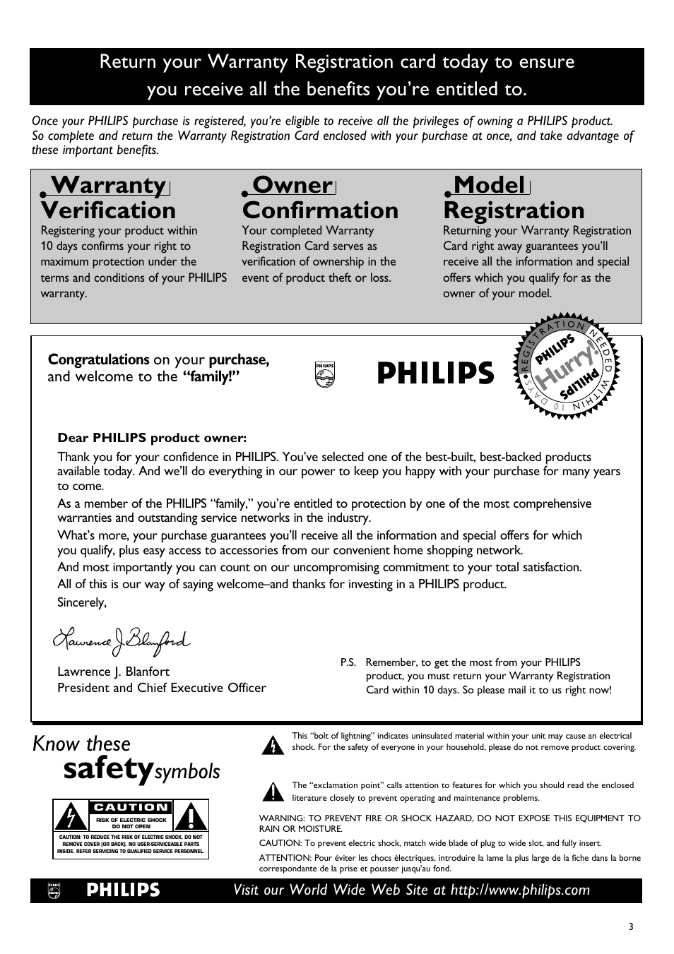 Safety, Warranty verification, Owner confirmation | Model registration, Hurry, Know these, Symbols | Philips DVDR150099 User Manual | Page 3 / 66