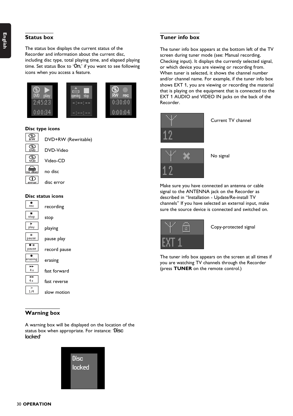 Disc locked, Status box, Warning box | Tuner info box | Philips DVDR150099 User Manual | Page 30 / 66