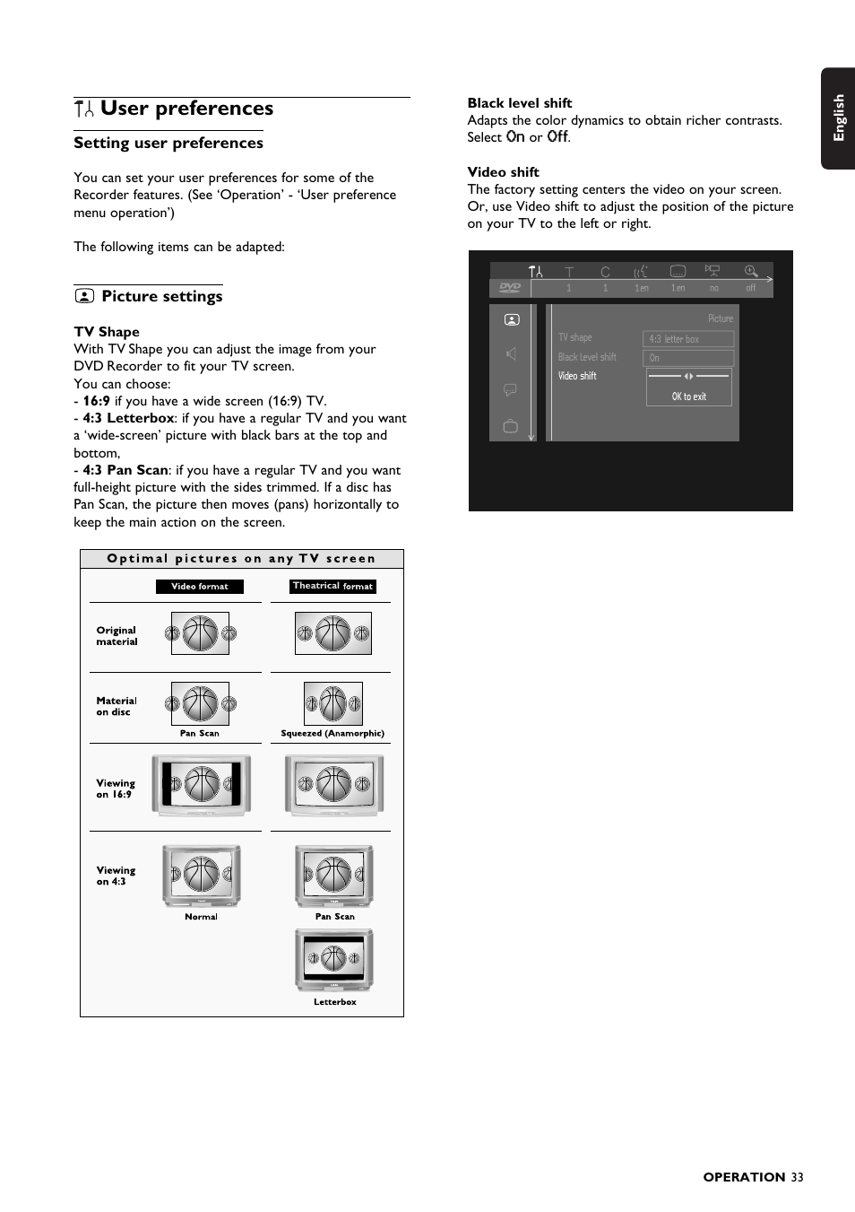 User preferences, Setting user preferences, Picture settings | Philips DVDR150099 User Manual | Page 33 / 66