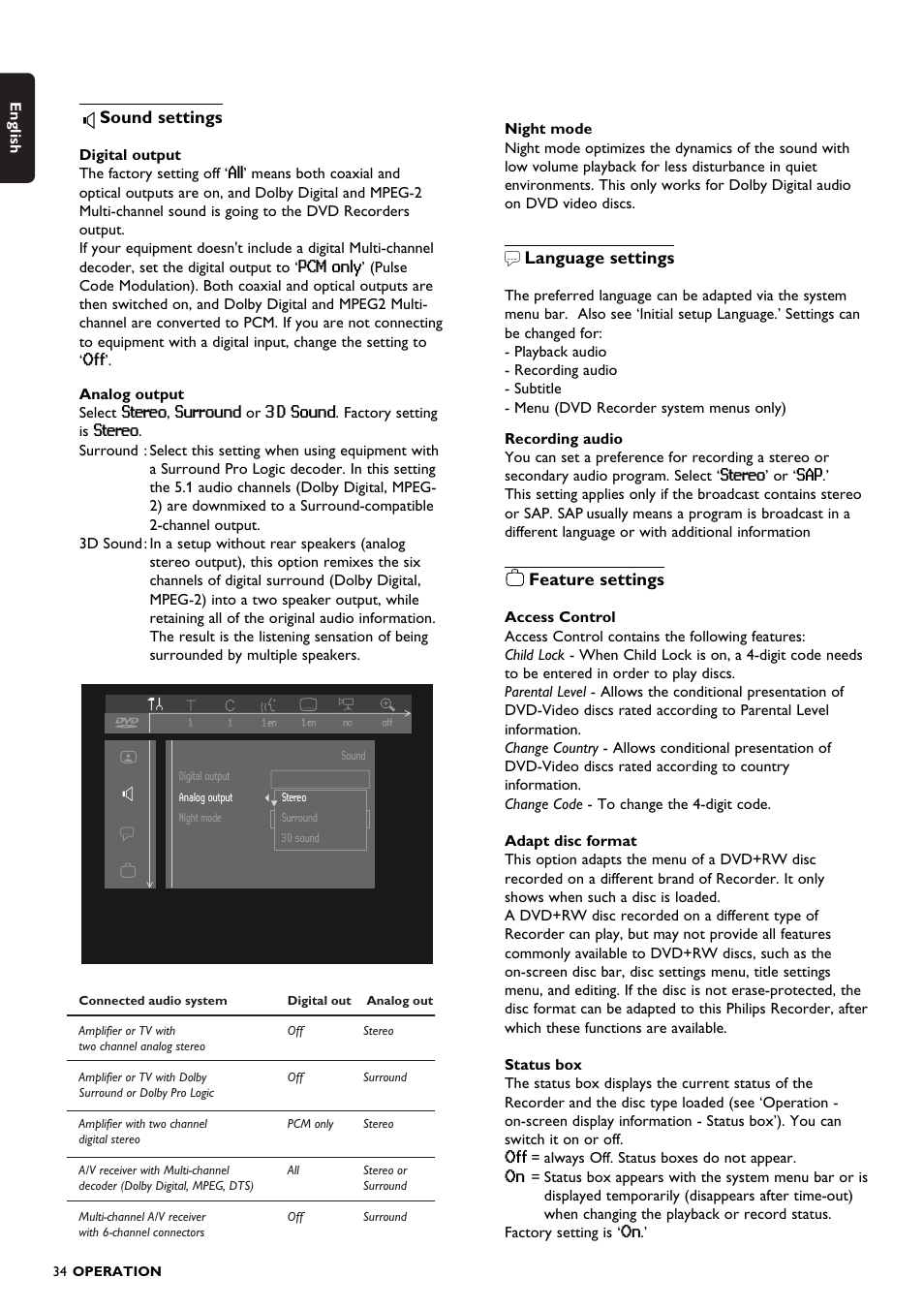 Sound settings, Language settings, Feature settings | Philips DVDR150099 User Manual | Page 34 / 66