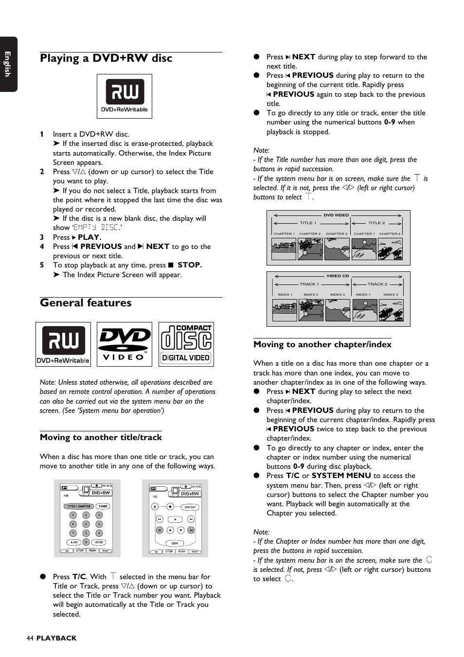 Playing a dvd+rw disc, General features, Moving to another title/track | Moving to another chapter/index | Philips DVDR150099 User Manual | Page 44 / 66