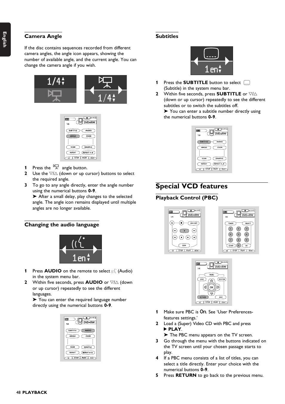 Special vcd features, Camera angle, Changing the audio language | Subtitles, Playback control (pbc) | Philips DVDR150099 User Manual | Page 48 / 66