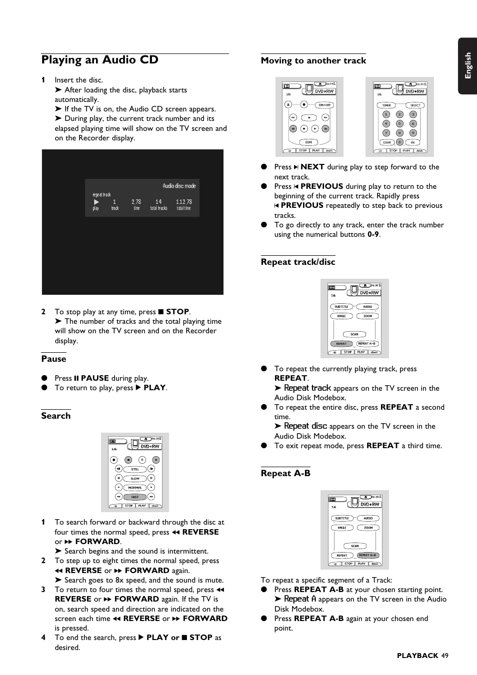 Playing an audio cd | Philips DVDR150099 User Manual | Page 49 / 66