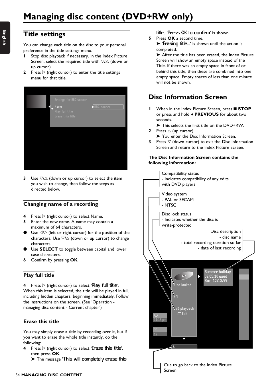 Managing disc content (dvd+rw only), Title settings, Disc information screen | Philips DVDR150099 User Manual | Page 54 / 66