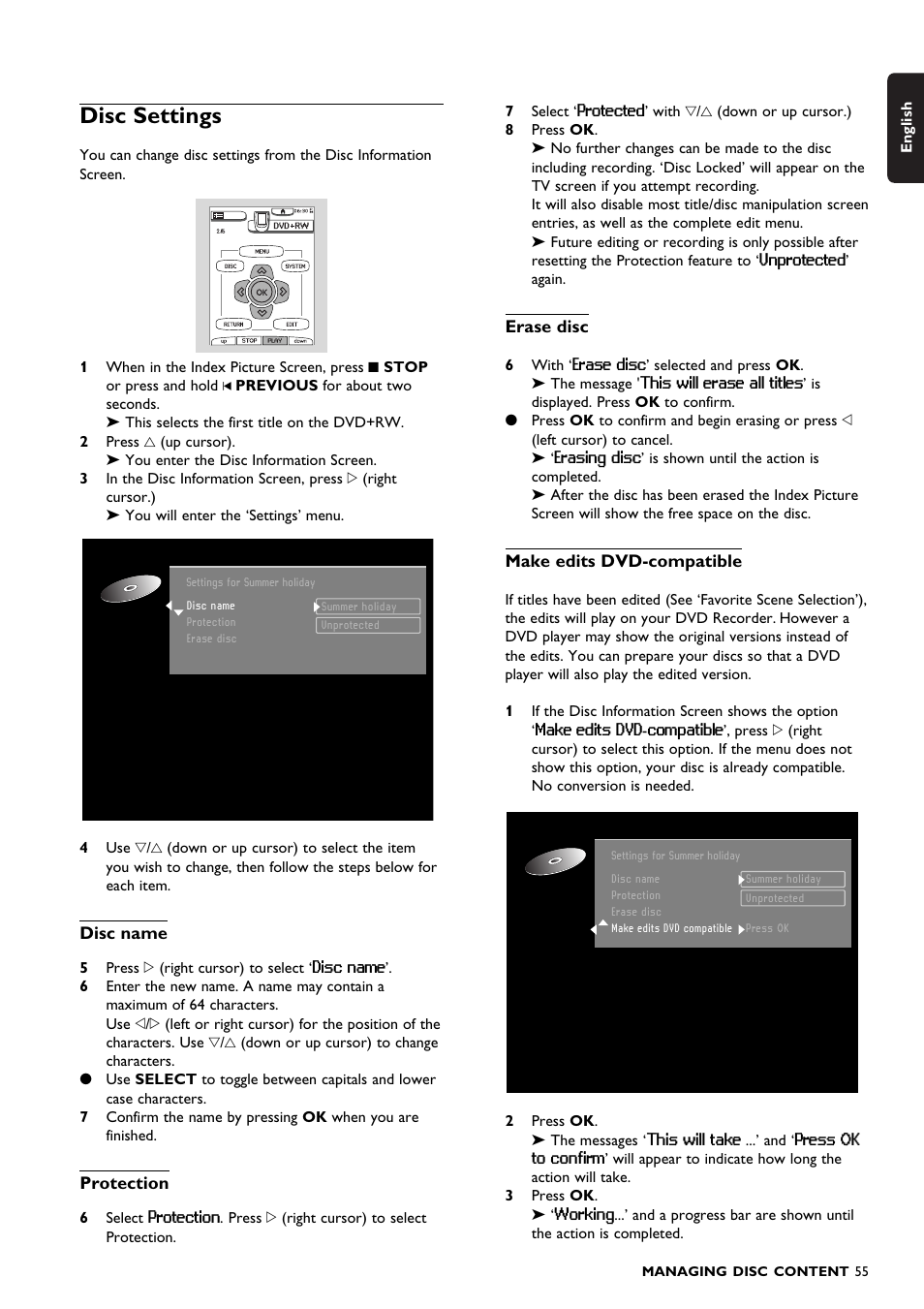 Disc settings | Philips DVDR150099 User Manual | Page 55 / 66