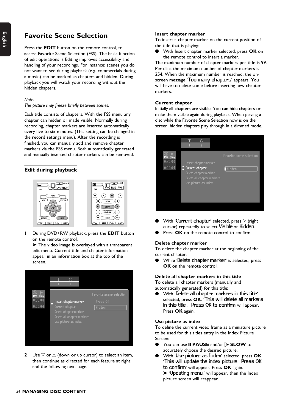 Favorite scene selection, Edit during playback | Philips DVDR150099 User Manual | Page 56 / 66