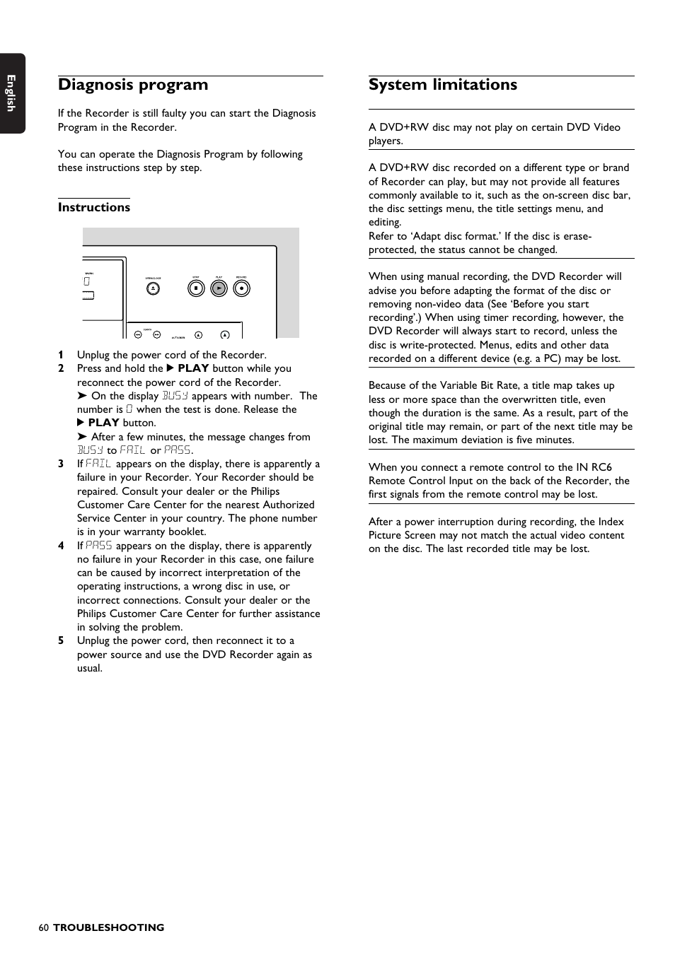 Diagnosis program, System limitations | Philips DVDR150099 User Manual | Page 60 / 66