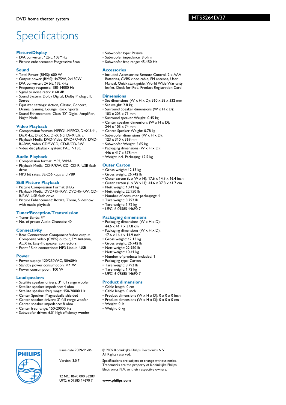 Specifications | Philips HTS3264D-37B User Manual | Page 3 / 3