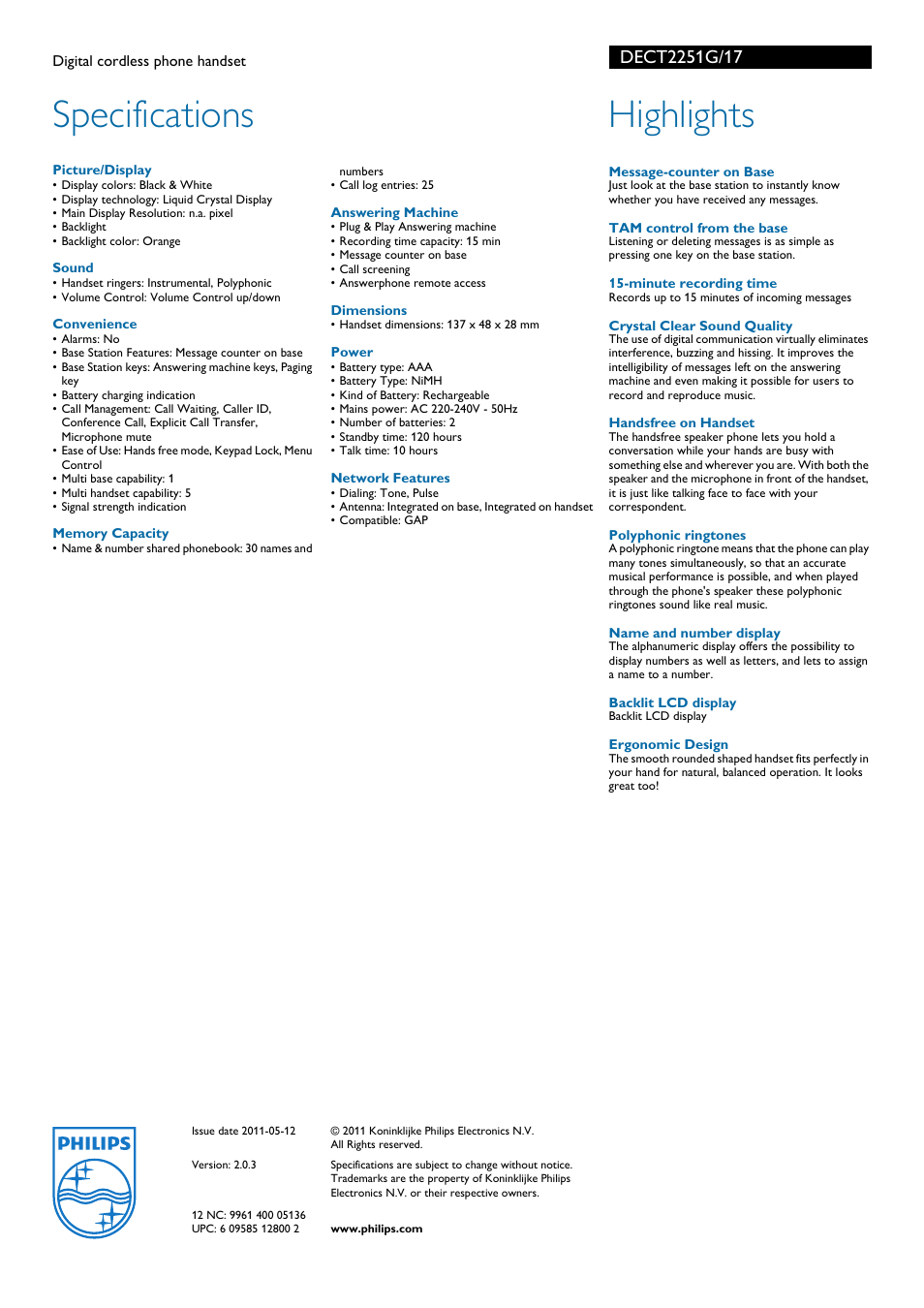 Specifications, Highlights | Philips DECT2251G-17 User Manual | Page 2 / 2