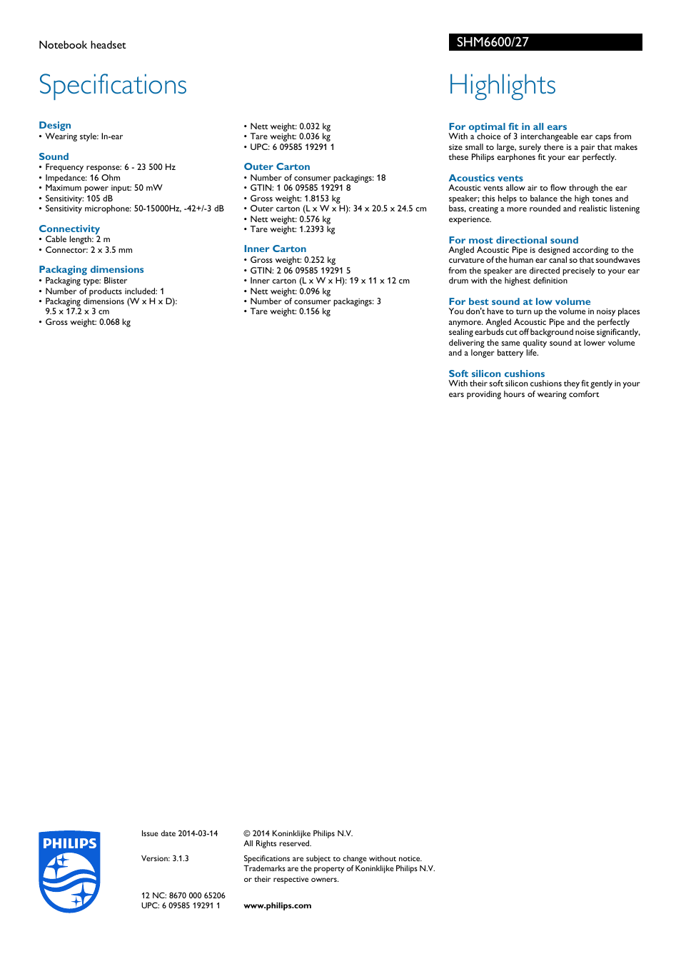 Specifications, Highlights | Philips SHM6600-27 User Manual | Page 2 / 2