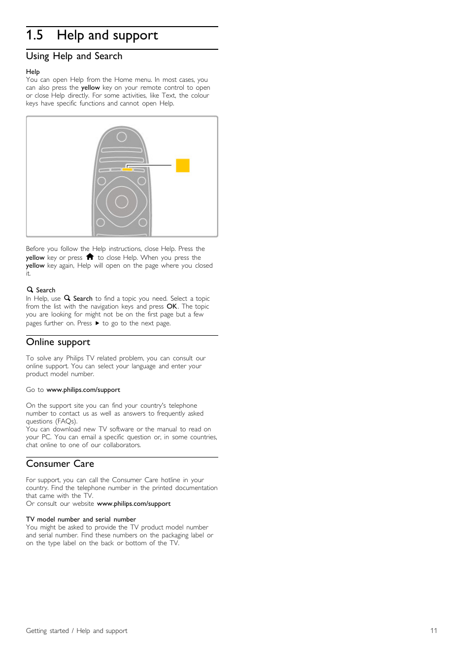 Help and support, 5 help and support, Using help and search | Online support, Consumer care | Philips Cinema 219 Gold Series Smart LED TV 50PFL7956T 127 cm 50" Ultra wide screen Easy 3D with Ambilight Spectra 2 and Multi-view User Manual | Page 11 / 84