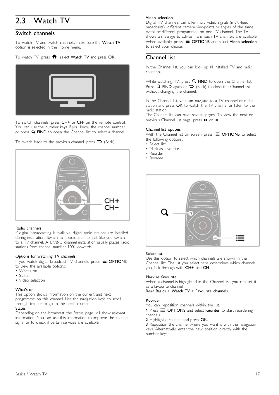 Watch tv, 3 watch tv, Switch channels | Channel list | Philips Cinema 219 Gold Series Smart LED TV 50PFL7956T 127 cm 50" Ultra wide screen Easy 3D with Ambilight Spectra 2 and Multi-view User Manual | Page 17 / 84