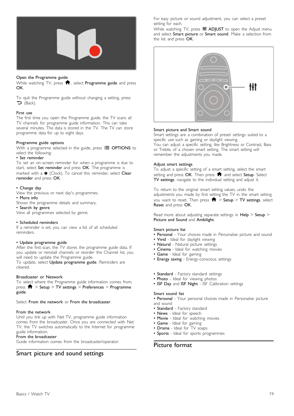 Smart picture and sound settings, Picture format | Philips Cinema 219 Gold Series Smart LED TV 50PFL7956T 127 cm 50" Ultra wide screen Easy 3D with Ambilight Spectra 2 and Multi-view User Manual | Page 19 / 84