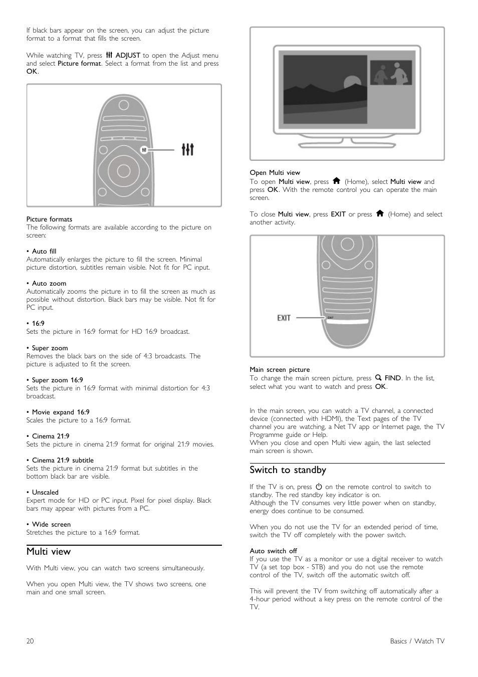 Multi view, Switch to standby | Philips Cinema 219 Gold Series Smart LED TV 50PFL7956T 127 cm 50" Ultra wide screen Easy 3D with Ambilight Spectra 2 and Multi-view User Manual | Page 20 / 84