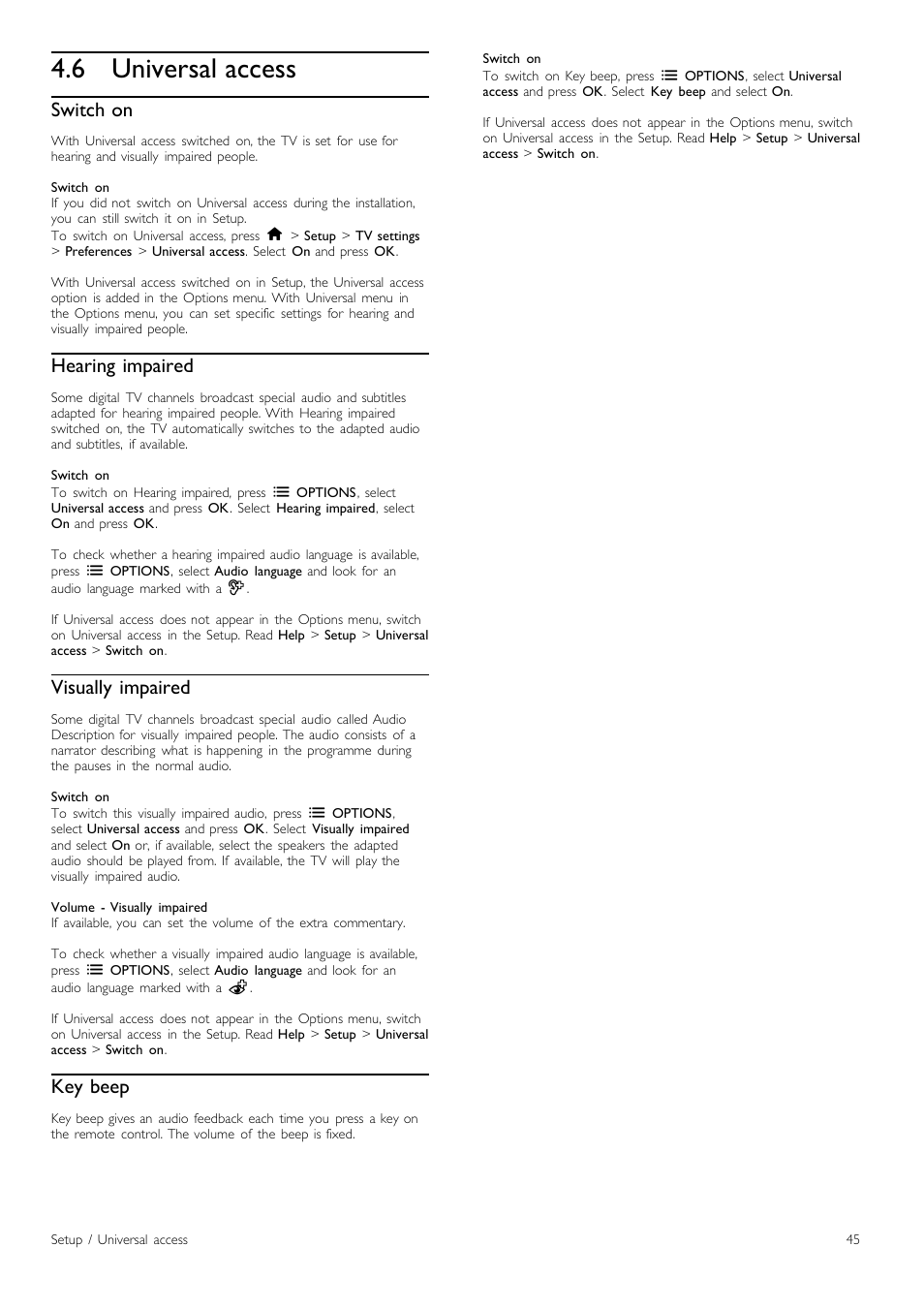 Universal access, 6 universal access, Switch on | Hearing impaired, Visually impaired, Key beep | Philips Cinema 219 Gold Series Smart LED TV 50PFL7956T 127 cm 50" Ultra wide screen Easy 3D with Ambilight Spectra 2 and Multi-view User Manual | Page 45 / 84