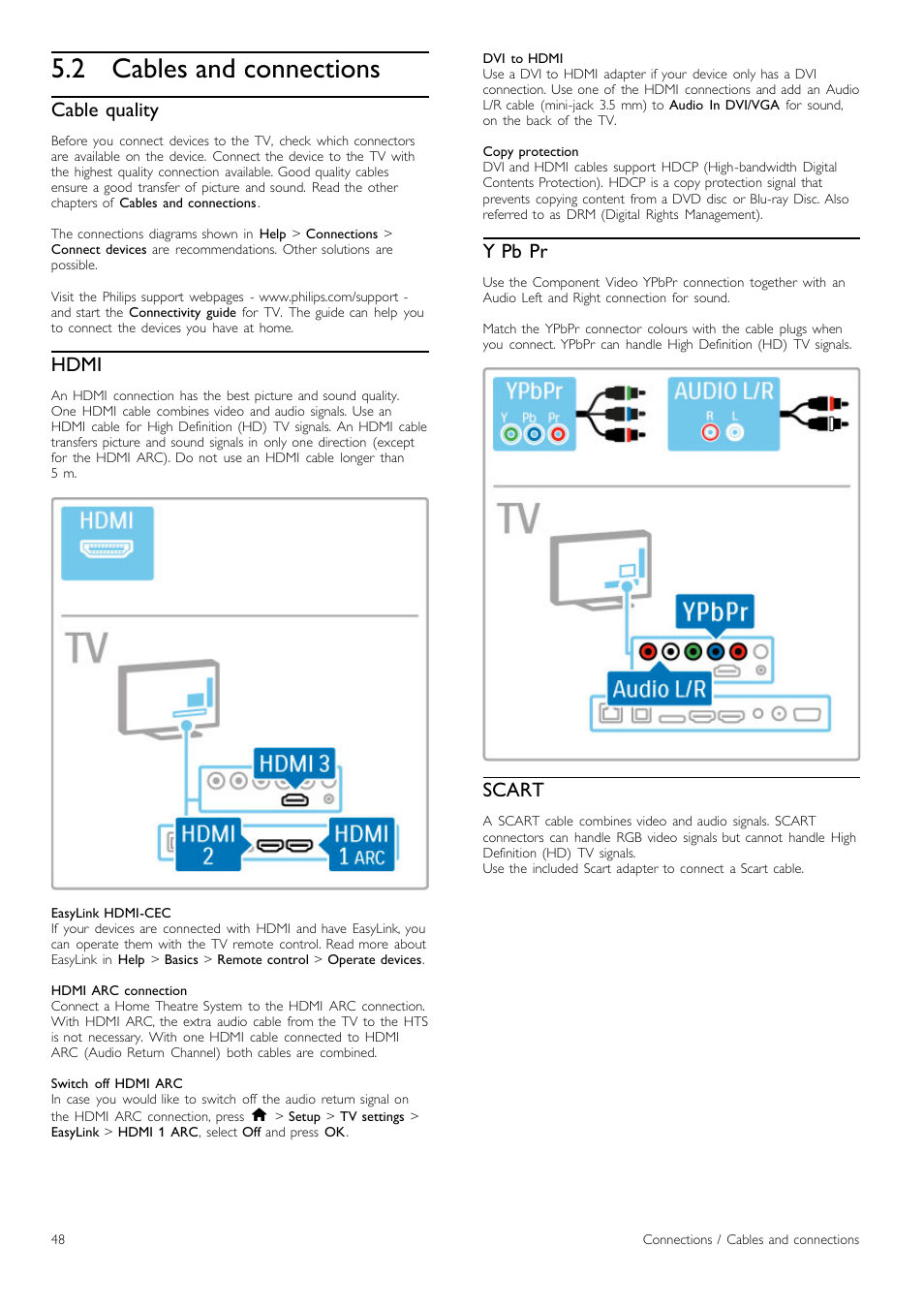 Cables and connections, 2 cables and connections, Cable quality | Hdmi, Y pb pr, Scart | Philips Cinema 219 Gold Series Smart LED TV 50PFL7956T 127 cm 50" Ultra wide screen Easy 3D with Ambilight Spectra 2 and Multi-view User Manual | Page 48 / 84