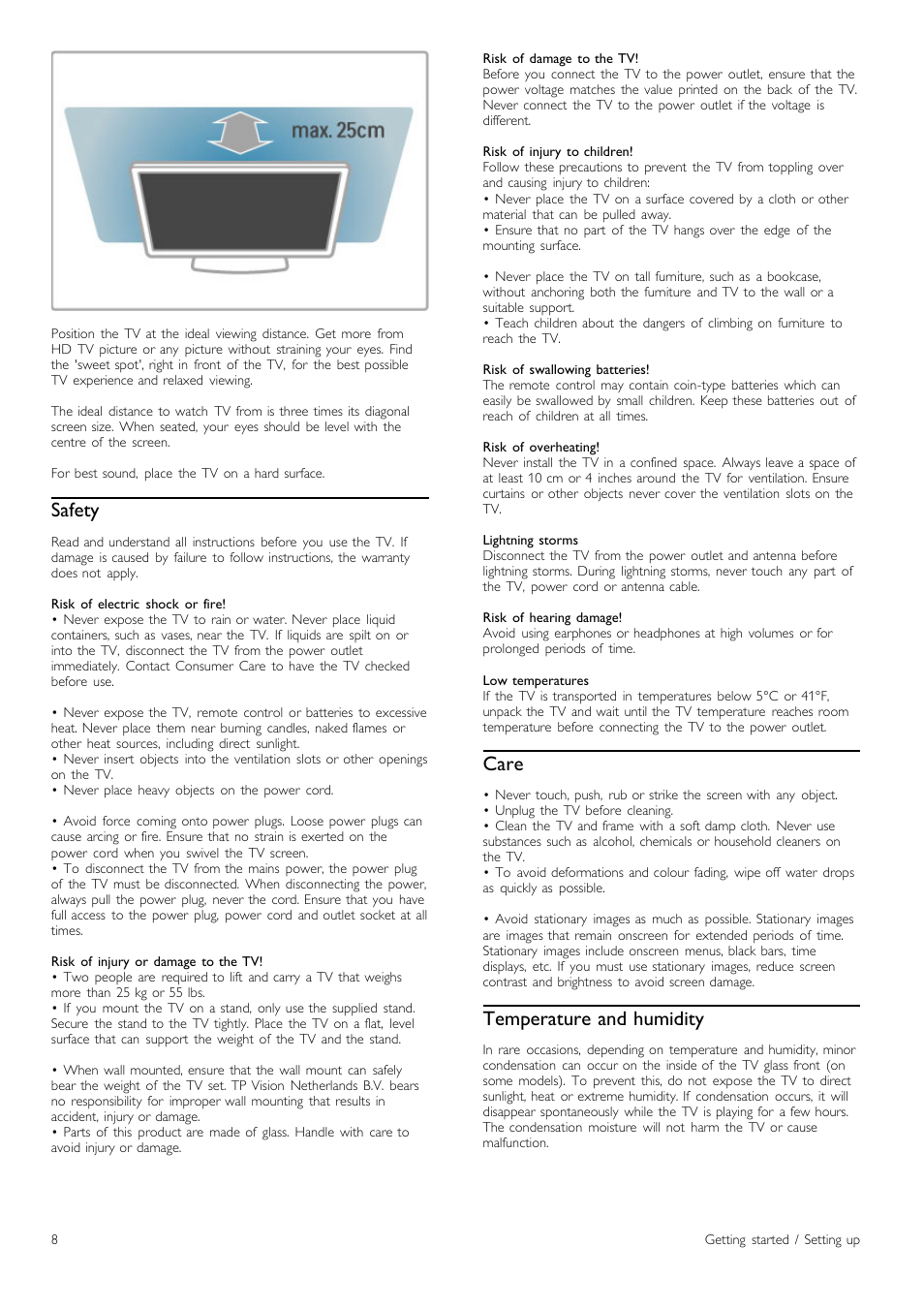 Safety, Care, Temperature and humidity | Philips Cinema 219 Gold Series Smart LED TV 50PFL7956T 127 cm 50" Ultra wide screen Easy 3D with Ambilight Spectra 2 and Multi-view User Manual | Page 8 / 84