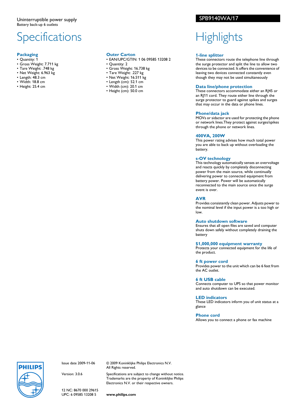 Specifications, Highlights | Philips Uninterruptible power supply SPB9140WA Battery back-up 6 outlets User Manual | Page 2 / 2