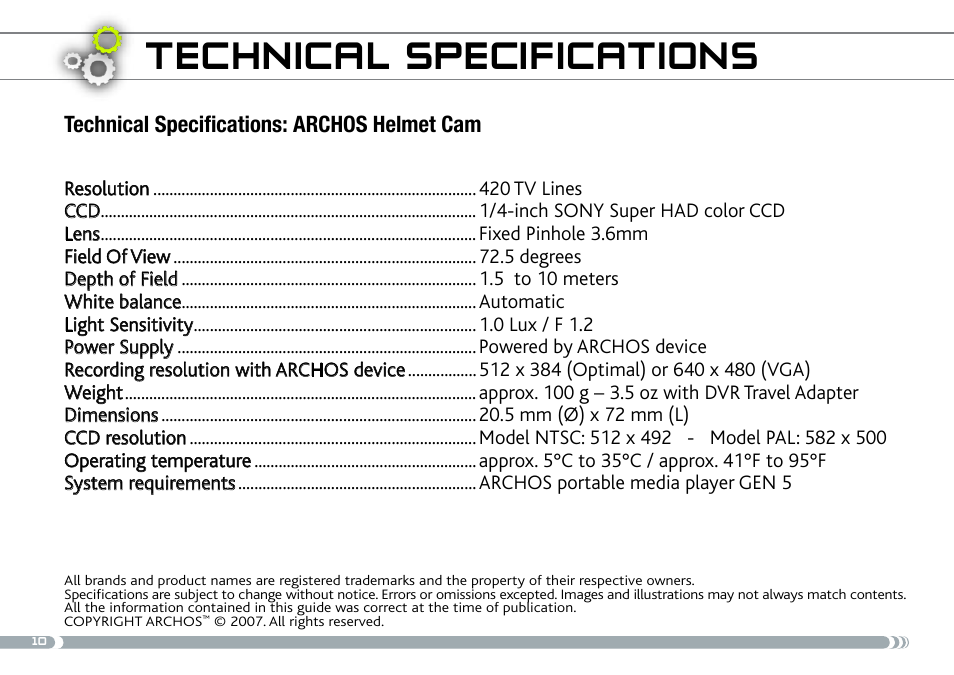 Technical specifications, Technical specifications: archos helmet cam | ARCHOS 605 User Manual | Page 10 / 10