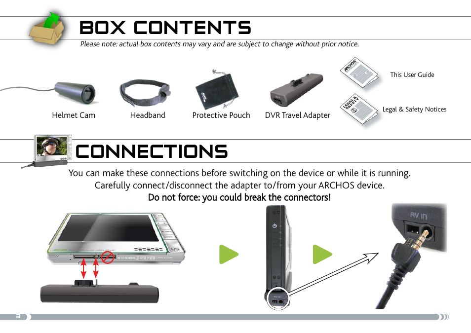 Box contents, Connections | ARCHOS 605 User Manual | Page 3 / 10