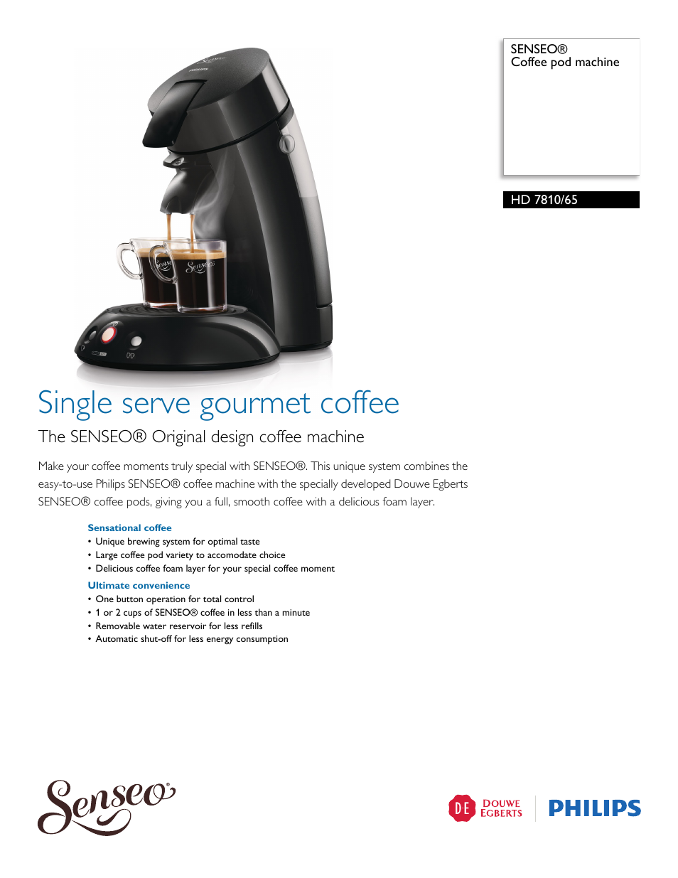 Philips SENSEO® Coffee pod machine HD 7810-65 User Manual | 2 pages