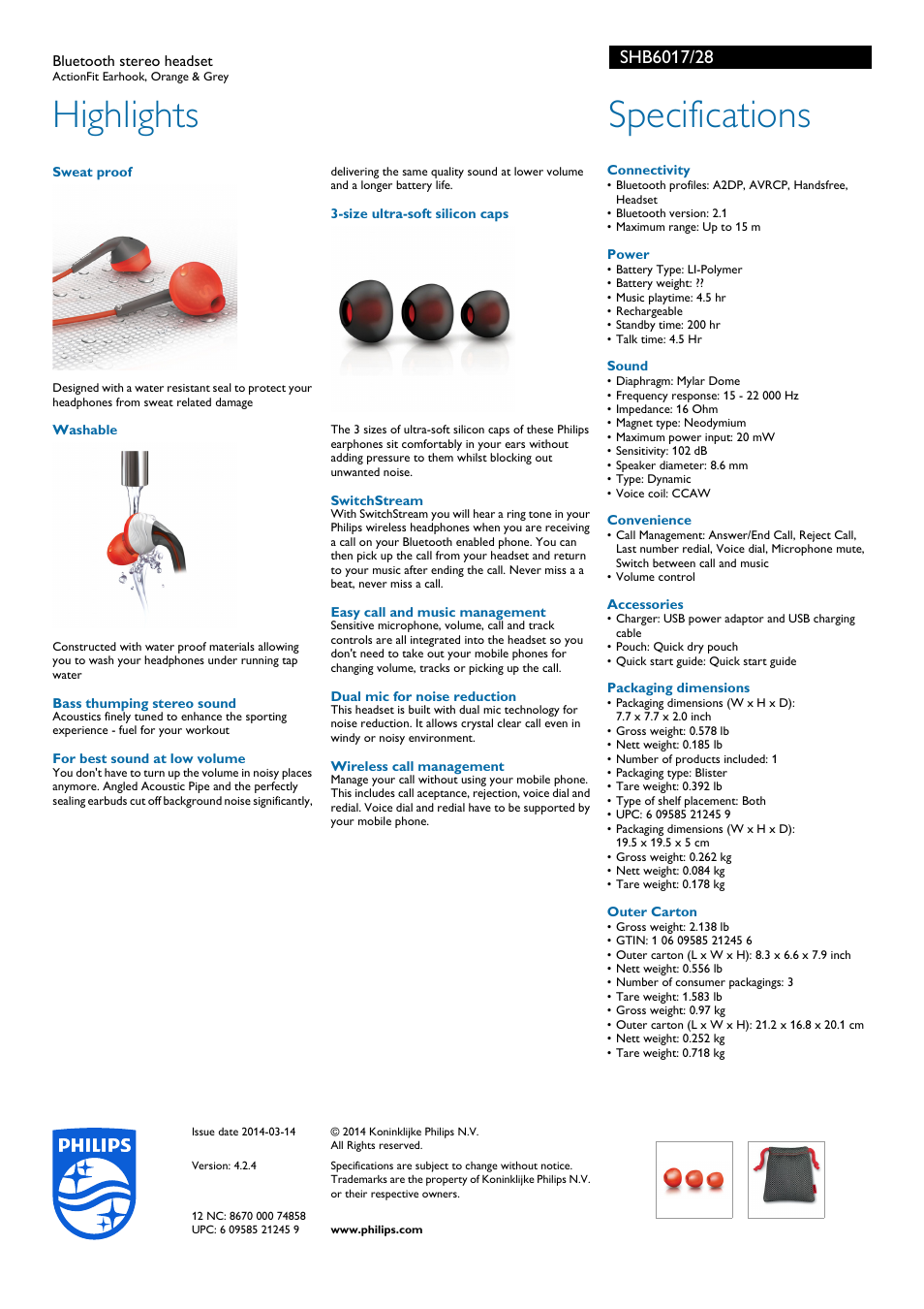 Highlights, Specifications | Philips SHB6017-28 User Manual | Page 2 / 2