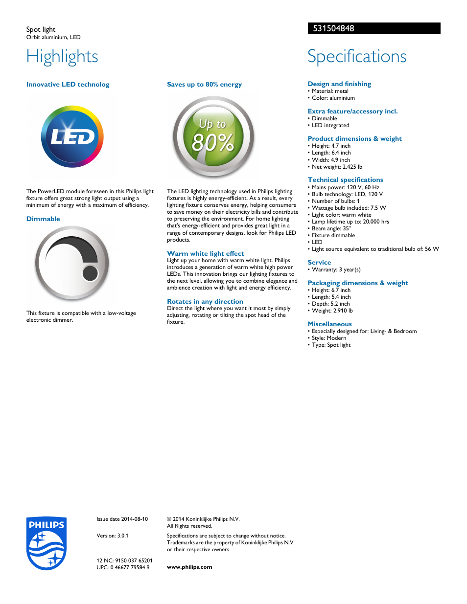 Highlights, Specifications | Philips 531504848 User Manual | Page 2 / 2