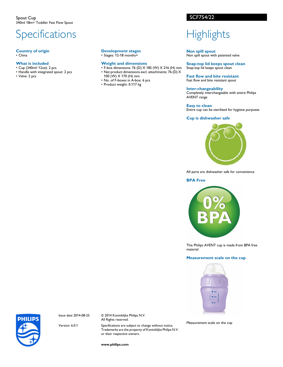 Specifications, Highlights | Philips SCF754-22 User Manual | Page 2 / 2