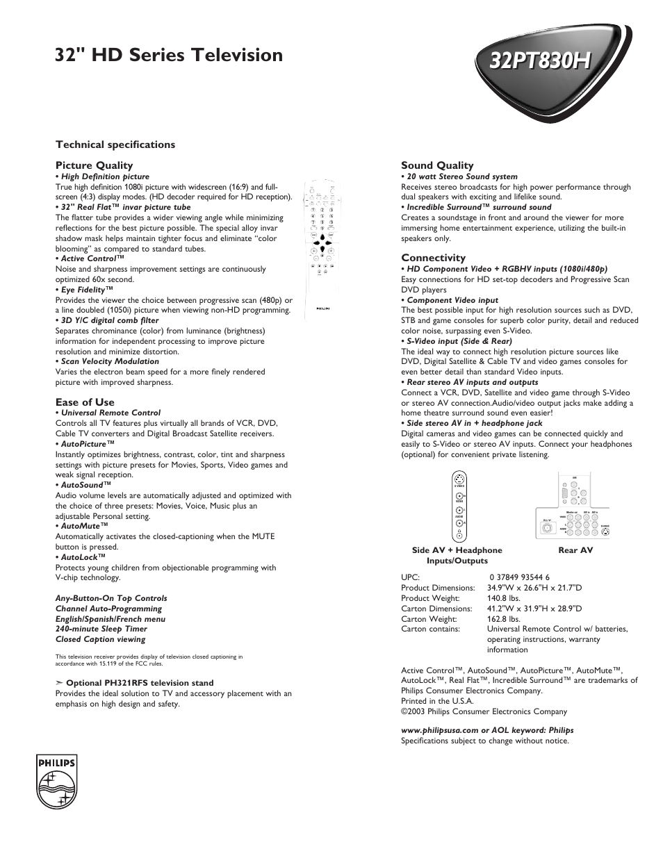 32" hd series television | Philips 32PT830H User Manual | Page 2 / 2