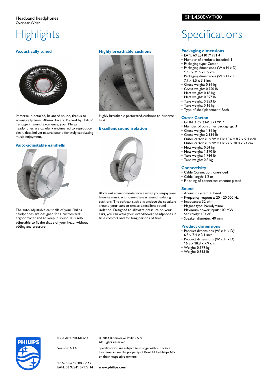 Highlights, Specifications | Philips SHL4500WT-00 User Manual | Page 2 / 2
