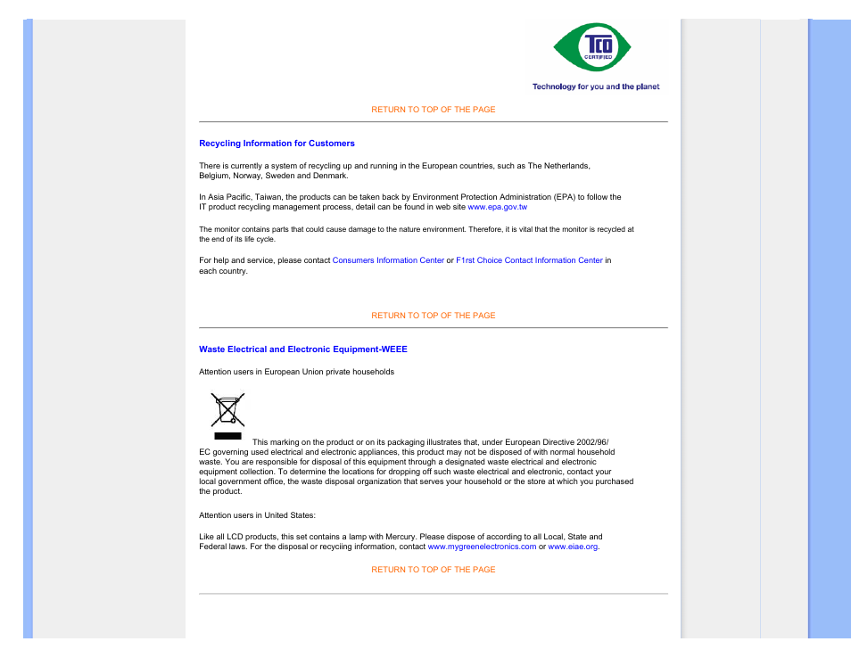 Recycling information for customers, Waste electrical and electronic equipment-weee | Philips Brilliance LCD monitor with Ergo base USB Audio 240B1CS 24"w B-line 1920x1200 - Format 1610 User Manual | Page 13 / 96